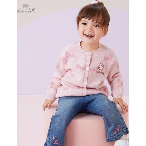 DBM19600 dave bella autumn infant baby girls fashion bow cartoon print cardigan kids toddler coat children cute knitted sweater