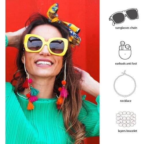 Euro Multifunctional Boho Fashion Colorful Pompom Tassel Cotton Rope Metal Chain For Sunglasses Lanyard Womens Face Mask Chain