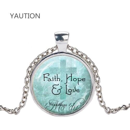 Christian Jewelry Bible Pendant Love Hope Faith Quote Jewelry 1 Corinthians 13:13 Verse from the Bible Cross Pendant