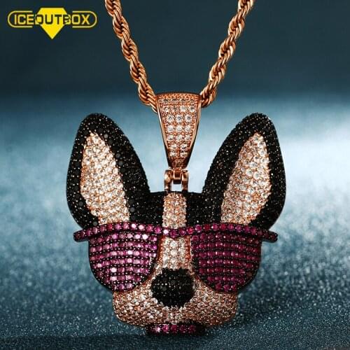 ICEOUTBOX Cool Dog Shaped Animal Pendant With Glasses For Women Men Chain Necklace Full Of Crystal Fashion Jewelry Gifts