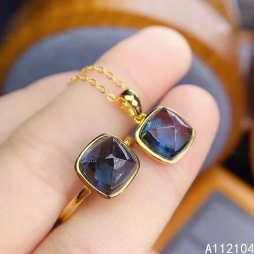 KJJEAXCMY Fine Jewelry 925 Sterling Silver Inlaid Natural London Blue Topaz women noble elegant Sugar tower Ring Pendant Set sup