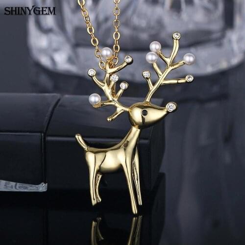 Fashion Antlers Shape Inlay Pearl Crystal Pendant Gold Plating Lovely Delicate 3D Small Animal Deer Necklace For Women Girl Gift