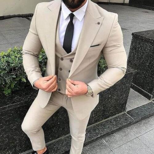 Custom Made Beige Men Suits for Wedding Slim Fit Groom Tuxedo Blazer Jacket 3Piece Latest Coat Pant Designs Costume Homme Ternos