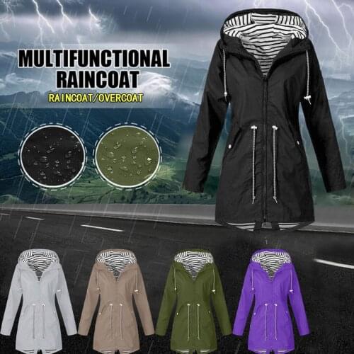 2021 New Womens Raincoat Jacket Jacket Solid Color Raincoat Outdoor Large Size Waterproof Hooded Windproof Loose Jacket