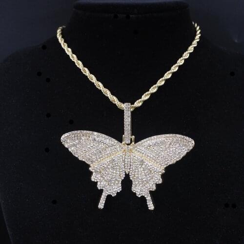 Butterfly charm pendant rope chain necklace hip hop men women rose gold silver color bling rap rock dancer gift jewelry cubic