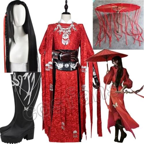 Tian Guan Ci Fu Hua Cheng Cosplay Wigs Costmes Umbrella Hua cheng Cosplay Anime Tian guan ci fu Red Long Cosplay Costmes all set