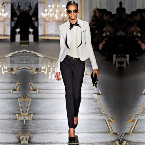 Jacket+Pants Womens Business Suit White Female Office Uniform Ladies Formal Trouser 2 Piece Suit Single Breasted Black Lapel