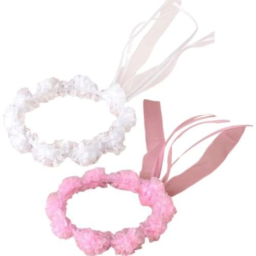 Child Girl Wedding Headband Artificial Mesh Flower Adjustable Ribbon Crown Wreath Faux Pearl Beading First Communion Photo Props