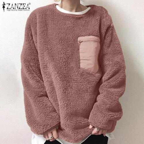 ZANZEA 2021 Winter Autumn Long Sleeve Plush Fluffy Sweatshirt Women Warm Pullover Fashion Hoodies Casual O Neck Top Streetwear