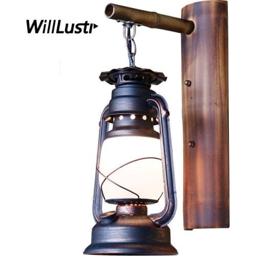 Retro Metal Wall Lamp Nostalgic Barn Lantern Bamboo Glass Sconce Bar Cafe Corridor Stairway Parlor Balcony Loft Antique Lighting