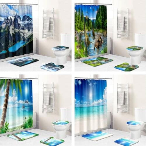 3D Printing Beach Landscape Waterproof Fabric Bathroom Accessories Shower Curtain 4 Pieces Anti Slip Carpet Bathroom Bath Pad