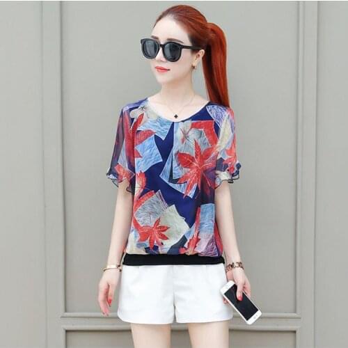 Fashion Flower Print Women Blouses Summer New Flare Short Sleeve Chiffon Blouse Bow Tunic Top Female Casual Ladies Shirts DD2593