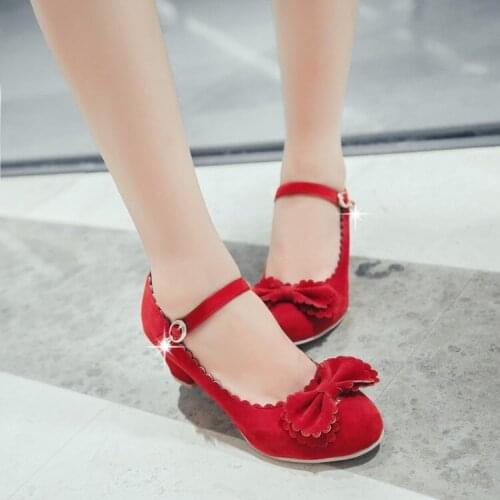 Big Size 11 12 13 ladies high heels women shoes woman pumps One-word lapped bow with thick heel and round head and shallow mouth