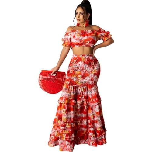 2021 Ins Internet Celebrity Famous 2 pcs Women Set Print Slash Neck Short Tops Maxi Dress Summer Beach outfits