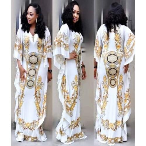 Lotus leaf digital print long dress autumn and winter retro style African ladies loose V-neck dress