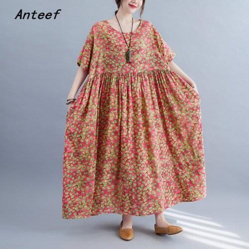 Short sleeve cotton vintage floral dresses for women casual loose long woman summer dress elegant clothes 2021