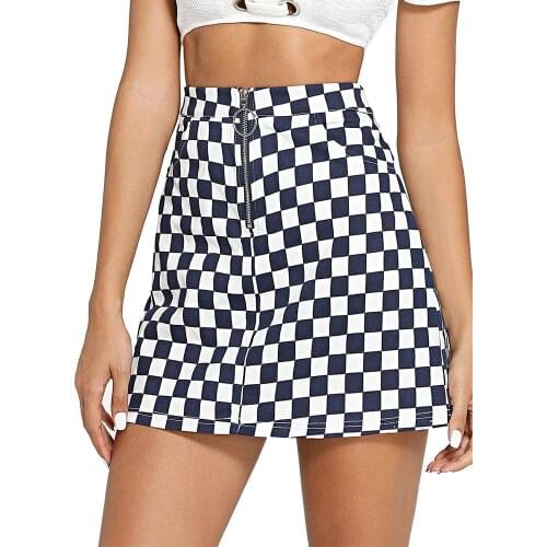 2020 Punk Women Mini Skirts Spring Summer Ring Zip Up Retro Plaid Skirts Casual A-Line Party Skirts 2019 New Femme Vestidos
