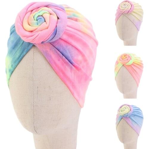 2021 Fashion Tie Dye Print Beanie Kids Girls Baby Indian Turban Knot Twist Hair Loss Cover Bonnet Soft Headwear Head Scarf Wrap