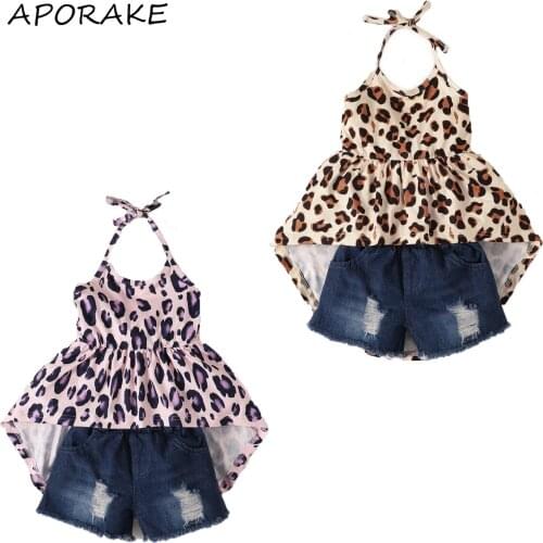 2021 0-5Y Fashion Kids Baby Girl Clothing Set Leopard Print Sleeveless Halter Top Dress+Holes Denim Shorts Summer 2pcs Outfits