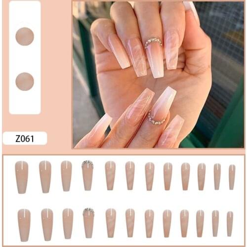 24pcs full cover nails Nude Gradient Nail Patch Rhinestone Inlaid Glue Type Removable Long Paragraph Fashion Manicure