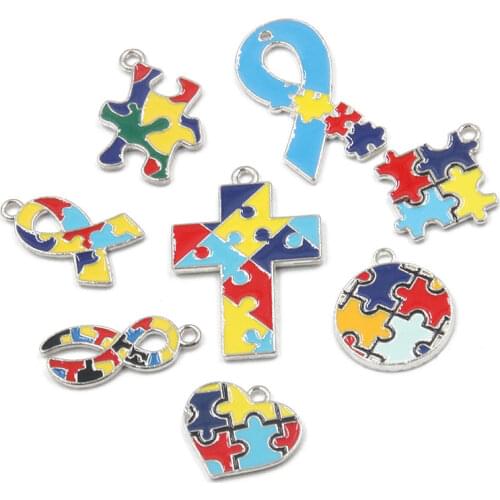 6PCS 3 Styles Alloy Metal Drop Oil Heart Round Square Charms KC Gold Autism Jigsaw Pendant For DIY Bracelet Jewelry Making