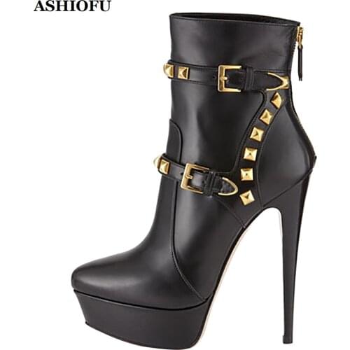 ASHIOFU New Hot Sale Women High Heel Boots Real Photos Rivets Spikes Party Prom Ankle Boots Sexy Platform Evening Fashion Boots