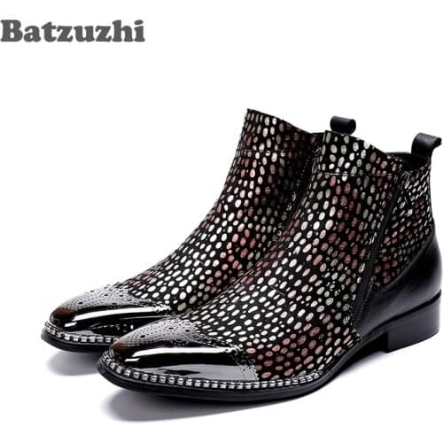 Batzuzhi Handmade Men Shoes Boots Pointed Iron Toe Color Leather Ankle Dress Boots Men Formal Party and Wedding Boots Man Botas