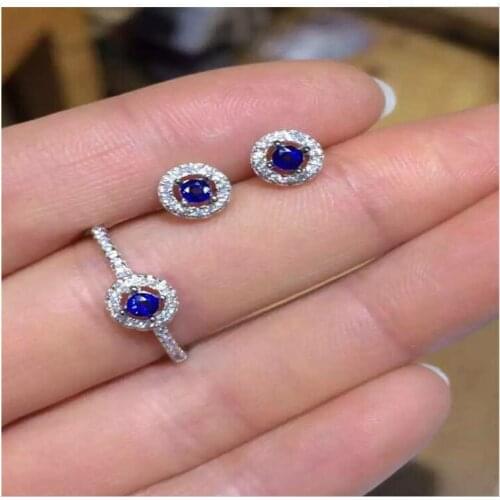 Free Shipping Natural sapphire jewelry set 2pcs Earring,1pc ring Natural sapphire 925 sterling silver