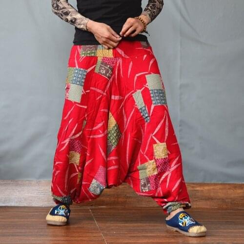 Mens Harem Pants Ethnic Print Big Crotch Breathable Cotton Linen Male Trousers Retro Loose Lantern Long Pants 2020 Plus Size