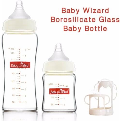 Baby Wizard baby bottle feeding bottle wide neck glass great quality naturally shaped teats with silicon nipple handle