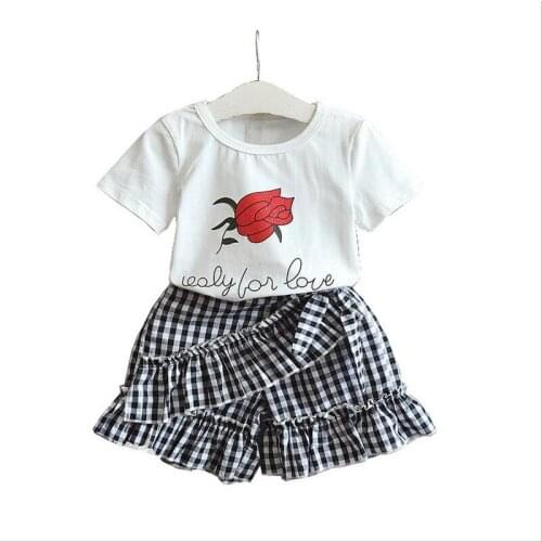 DFXD Girls Fashion 2pcs Children Clothing Set 2018 Summer White Short Sleeve Flower Print Pullover Top+Plaid Skirt Kids Set 2-8Y