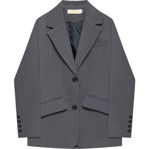 Smoky Grey Women Long Sleeve Single Breasted Pocket Chic Blazers Office Lady Professional Suit Casual Coat 2021 Autumn