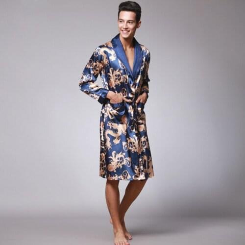 Mens Robe Long Sleeve Mens Satin Robe Chinese Print Dragon Kimono Bathrobe Summer Long Bathrobe Evening Dress D68