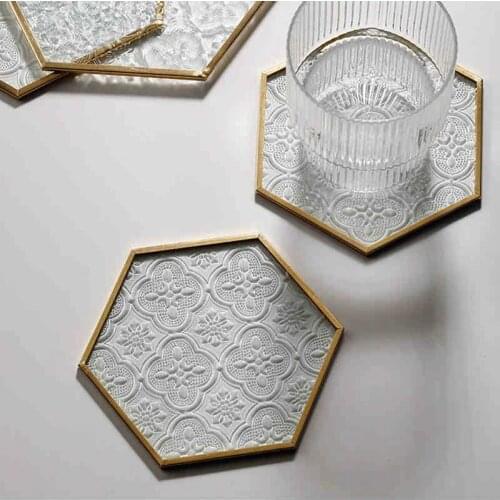 Ins European Retro Window Grille Glass Coaster Gold Copper Embossed Pattern Hexagonal Glass Coaster Dining Table Insulation Pad