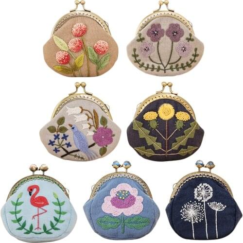 DIY Flowers Embroidered Clutch Wallet Handmade Women Snap Coin Purse Kits Chinese Style Small Purses Vintage Needlework Gift