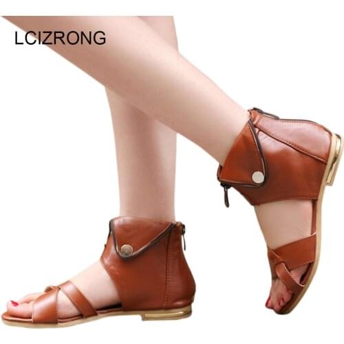 LCIZRONG Summer Fashion Leather Peep Toe Sandals Women 34-43 Large Size Zip Metal Turned-over Flat Shoes High Street Cover Heel