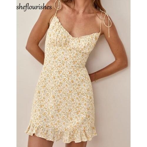 Summer V Neck Dress Sexy Mini Dresses Women 2021 Korean Ruffle Dress Floral Print A Line dresses Spaghetti Strap dress Yellow