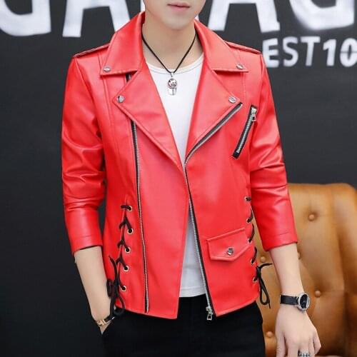 2021 Mens Autumn New Fashion Rivet Leather Jacket Youth Personality Oblique Zipper Threading Leather Coat