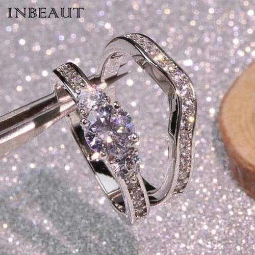 INBEAUT Brilliant Cut Sparkling Ziron Ring Set Silver Color White CZ Paved Princess Engagement Rings Teen Girls Trendy Jewelry