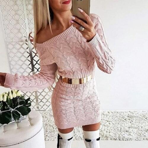 2021 New Winter Mid-Length Fluorescent Color Twist Waist Off-Shoulder Sweater Dress Knit Sweater Warm Nightclub Street Dress