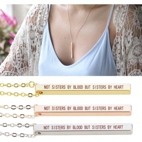 Not Sisters By Blood But Sisters By Heart Friendship Letters Engraved Bar Necklace Pendant Sisters Jewelry Gift for Best Friends