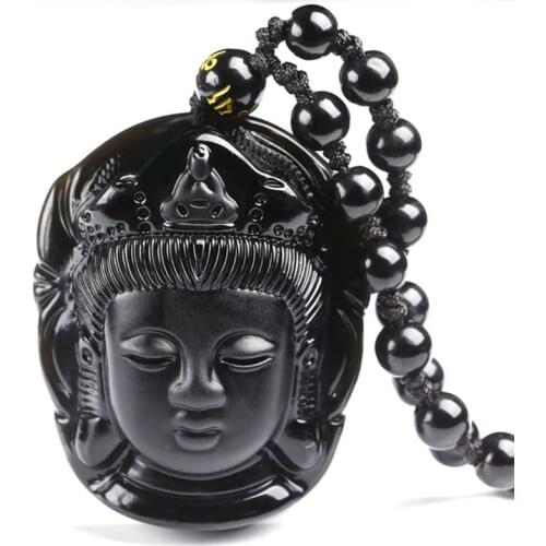 Natural Obsidian Pendant Buddha Amitabha Buddha Head Pendant Necklace