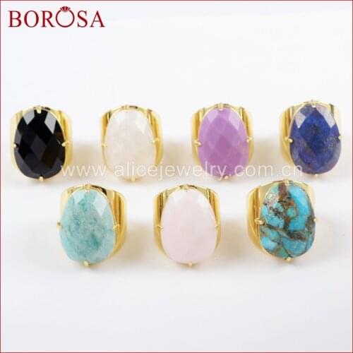 BOROSA New Gold Plated Claw Egg Shape Multi-kind Stone lapis lazuli Turquoises Faceted Band Ring For Women Jewelry Gift ZG0321