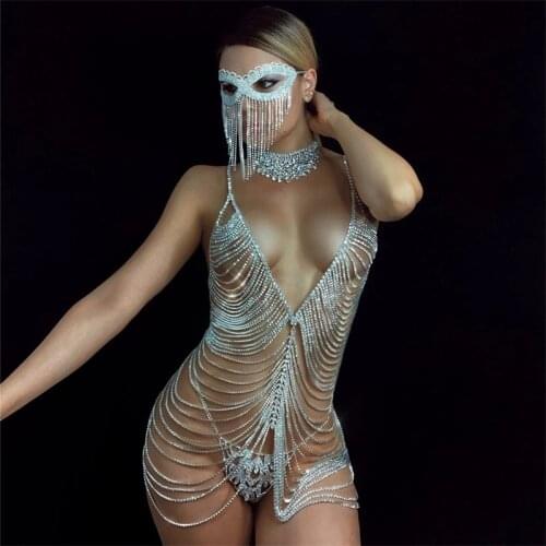 Super luxury high quality crystal body chain evening dress sexy long tassel new unique bra thong bikini dance suit Dropship