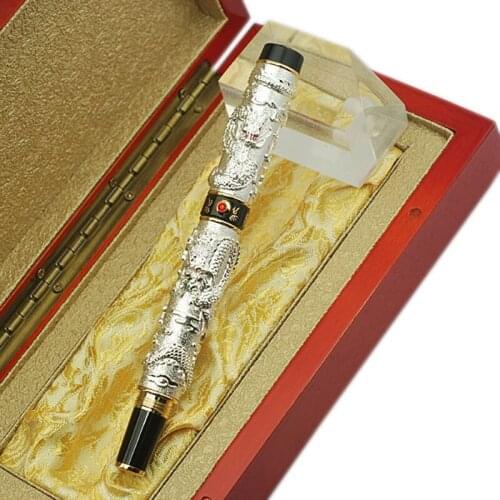 Jinhao High Quality Double Dragon Playing Pearl, Metal Carving Embossing Heavy Pen Silver For Office School Fountain Pen