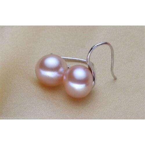 9-10mm Pink Genuine Freshwater Pearl 925 Sterling Silver Dangle Earrings AAA