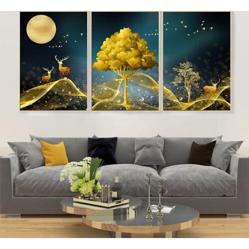 Nordic Golden Abstract Deer Tree Bird Wall Art Canvas Painting Posters and Prints Decorative Pictures for living Room Home Decor
