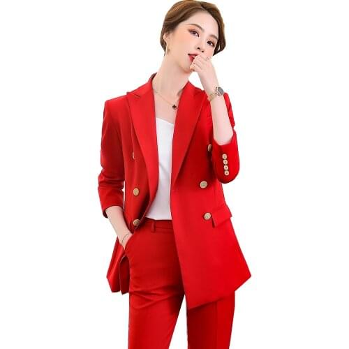High Quality Fashion Women Ladies Soft Pant Suit Black Blue Red S-5XL Double Breasted Business 2 Piece Set
