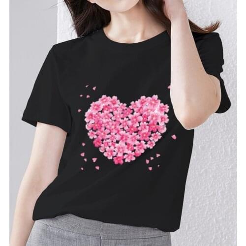 Womens Classic Black T-shirt All-match Short-sleeved Flower Love Series Ladies Trendy Top O-neck Casual T-shirt Commuter Wear
