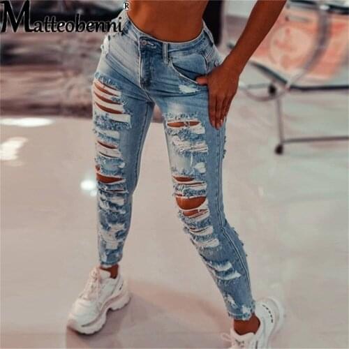 2021 Women’s Slim Fit Jeans Fashion Solid Color Ripped Hole Tassel Stretch High-Waist Ladies Denim Pencil Long Pants Trousers